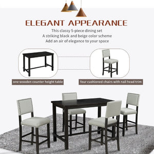English Elm Trexm Counter Height Dining Set with Nailhead Chairs Espresso Wood Beige Linen ST000050AAB