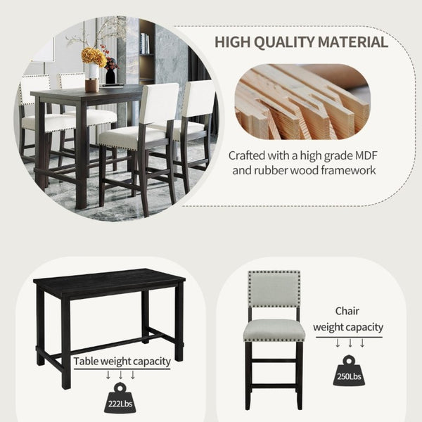 English Elm Trexm Counter Height Dining Set with Nailhead Chairs Espresso Wood Beige Linen ST000050AAB
