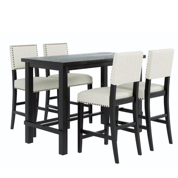 English Elm Trexm Counter Height Dining Set with Nailhead Chairs Espresso Wood Beige Linen ST000050AAB