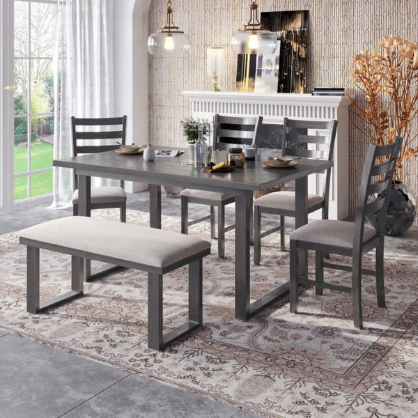 English Elm Trexm Six Piece Solid Wood Dining Set Rectangular Table Upholstered Chairs Bench ST000055AAE