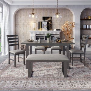 English Elm Trexm Six Piece Solid Wood Dining Set Rectangular Table Upholstered Chairs Bench ST000055AAE
