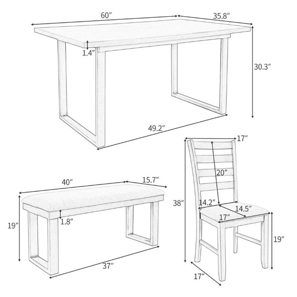 English Elm Trexm Six Piece Solid Wood Dining Set Rectangular Table Upholstered Chairs Bench ST000055AAE