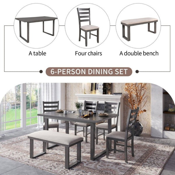 English Elm Trexm Six Piece Solid Wood Dining Set Rectangular Table Upholstered Chairs Bench ST000055AAE