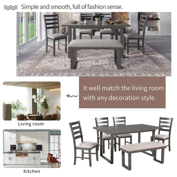 English Elm Trexm Six Piece Solid Wood Dining Set Rectangular Table Upholstered Chairs Bench ST000055AAE