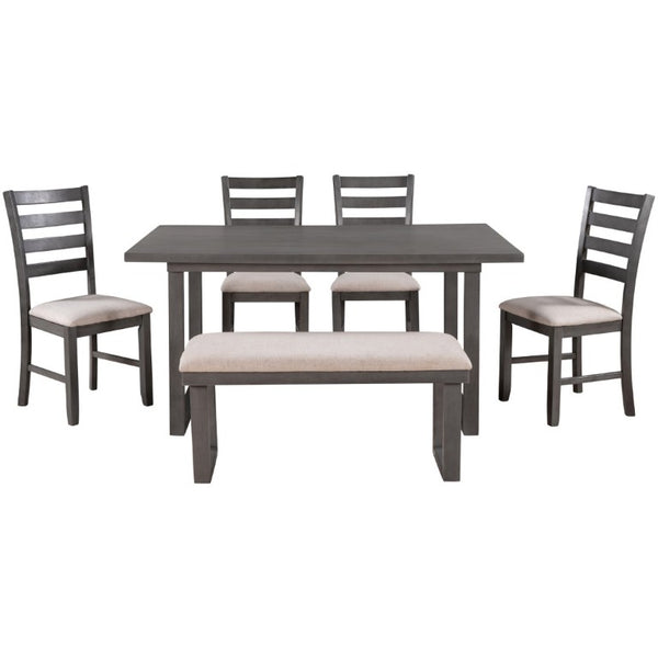 English Elm Trexm Six Piece Solid Wood Dining Set Rectangular Table Upholstered Chairs Bench ST000055AAE