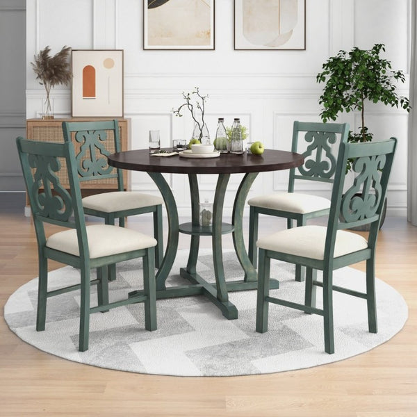 English Elm Trexm 5 Piece Round Bistro Dining Set with Carved Chairs and Storage Shelf Antique Blue / Dark Brown ST000056AAC