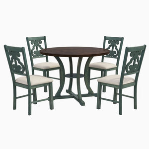 English Elm Trexm 5 Piece Round Bistro Dining Set with Carved Chairs and Storage Shelf Antique Blue / Dark Brown ST000056AAC