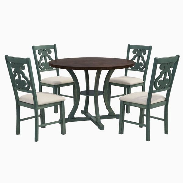 English Elm Trexm 5 Piece Round Bistro Dining Set with Carved Chairs and Storage Shelf Antique Blue / Dark Brown ST000056AAC