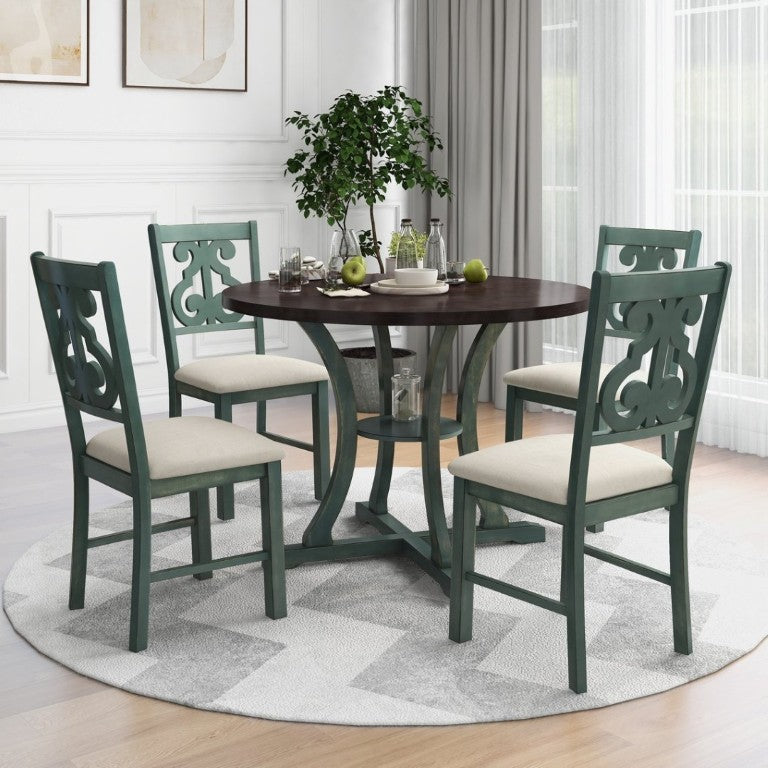 English Elm Trexm 5 Piece Round Bistro Dining Set with Carved Chairs and Storage Shelf Antique Blue / Dark Brown ST000056AAC
