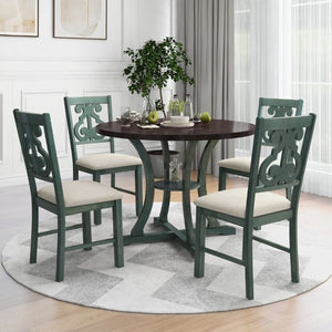 English Elm Trexm 5 Piece Round Bistro Dining Set with Carved Chairs and Storage Shelf Antique Blue / Dark Brown ST000056AAC