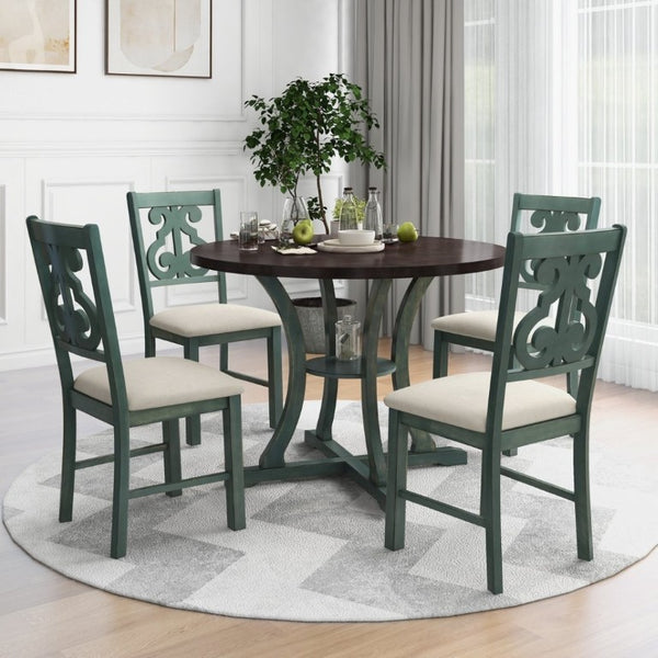 English Elm Trexm 5 Piece Round Bistro Dining Set with Carved Chairs and Storage Shelf Antique Blue / Dark Brown ST000056AAC