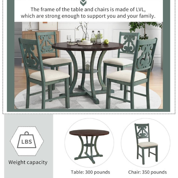 English Elm Trexm 5 Piece Round Bistro Dining Set with Carved Chairs and Storage Shelf Antique Blue / Dark Brown ST000056AAC