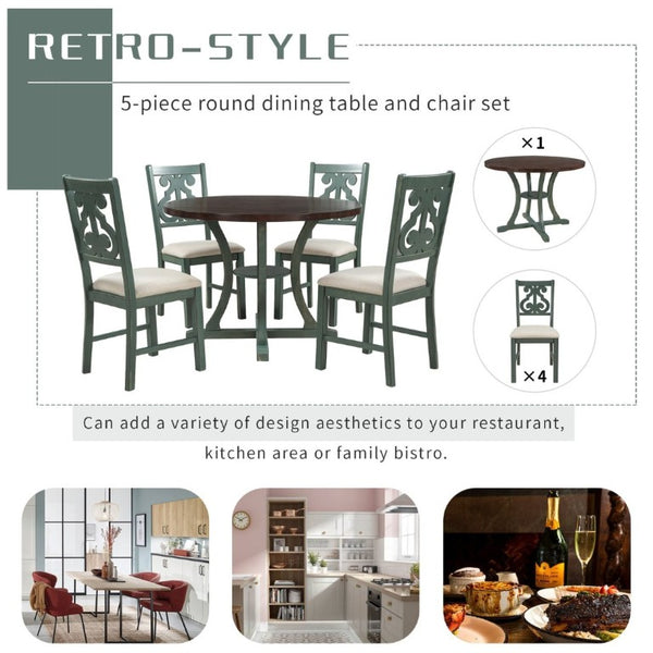 English Elm Trexm 5 Piece Round Bistro Dining Set with Carved Chairs and Storage Shelf Antique Blue / Dark Brown ST000056AAC