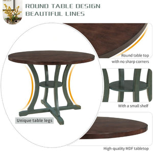 English Elm Trexm 5 Piece Round Bistro Dining Set with Carved Chairs and Storage Shelf Antique Blue / Dark Brown ST000056AAC