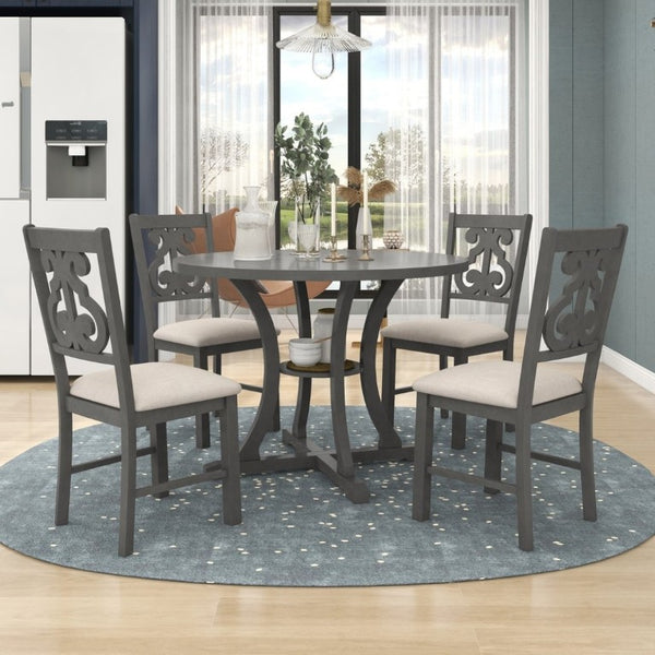 English Elm Trexm 5 Piece Round Bistro Dining Set with Carved Chairs and Storage Shelf Gray ST000056AAE