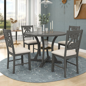English Elm Trexm 5 Piece Round Bistro Dining Set with Carved Chairs and Storage Shelf Gray ST000056AAE