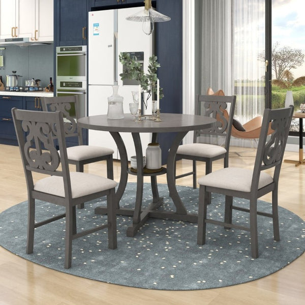 English Elm Trexm 5 Piece Round Bistro Dining Set with Carved Chairs and Storage Shelf Gray ST000056AAE