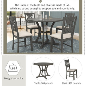 English Elm Trexm 5 Piece Round Bistro Dining Set with Carved Chairs and Storage Shelf Gray ST000056AAE