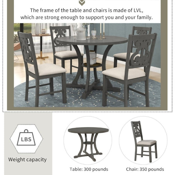 English Elm Trexm 5 Piece Round Bistro Dining Set with Carved Chairs and Storage Shelf Gray ST000056AAE