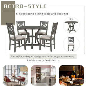 English Elm Trexm 5 Piece Round Bistro Dining Set with Carved Chairs and Storage Shelf Gray ST000056AAE