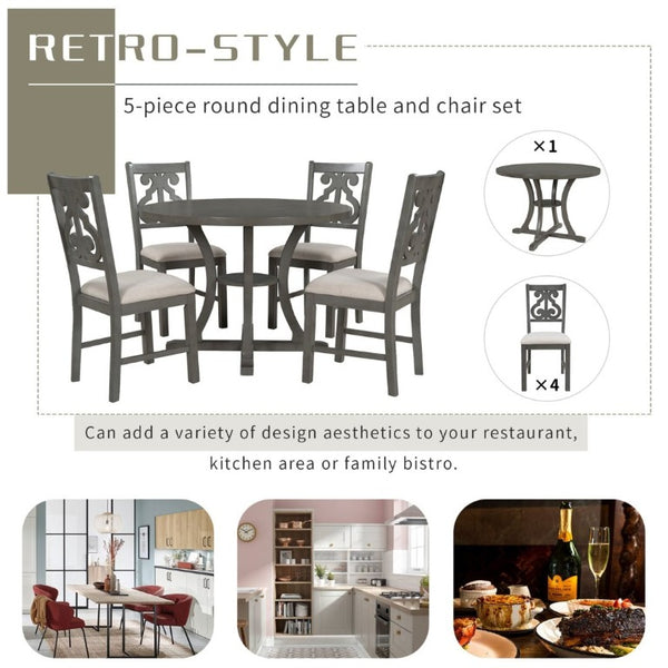 English Elm Trexm 5 Piece Round Bistro Dining Set with Carved Chairs and Storage Shelf Gray ST000056AAE
