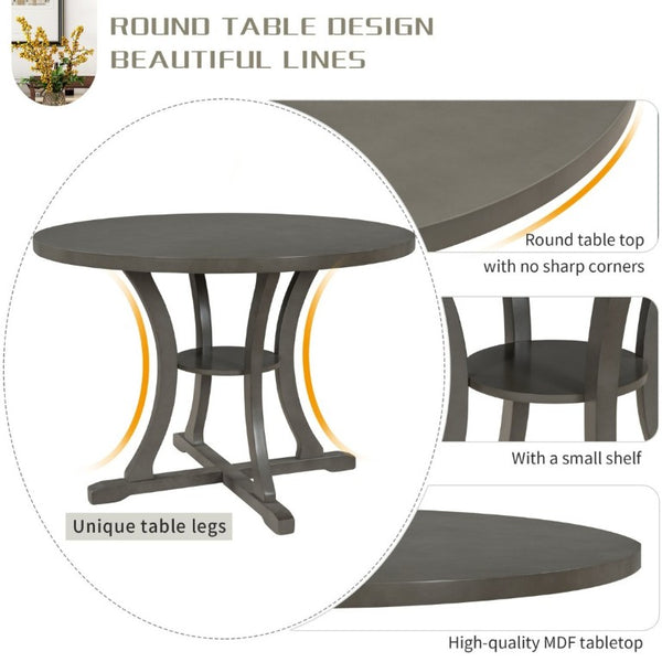 English Elm Trexm 5 Piece Round Bistro Dining Set with Carved Chairs and Storage Shelf Gray ST000056AAE