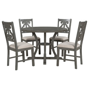 English Elm Trexm 5 Piece Round Bistro Dining Set with Carved Chairs and Storage Shelf Gray ST000056AAE