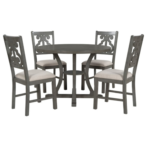 English Elm Trexm 5 Piece Round Bistro Dining Set with Carved Chairs and Storage Shelf Gray ST000056AAE