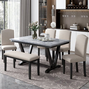 English Elm Trexm Six Seat Marble Veneer Dining Set with High Back Chairs Bench Matte Base ST000057AAK