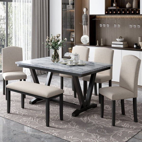 English Elm Trexm Six Seat Marble Veneer Dining Set with High Back Chairs Bench Matte Base ST000057AAK
