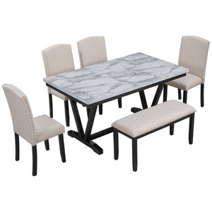 English Elm Trexm Six Seat Marble Veneer Dining Set with High Back Chairs Bench Matte Base ST000057AAK