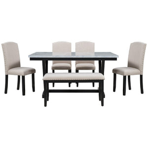 English Elm Trexm Six Seat Marble Veneer Dining Set with High Back Chairs Bench Matte Base ST000057AAK