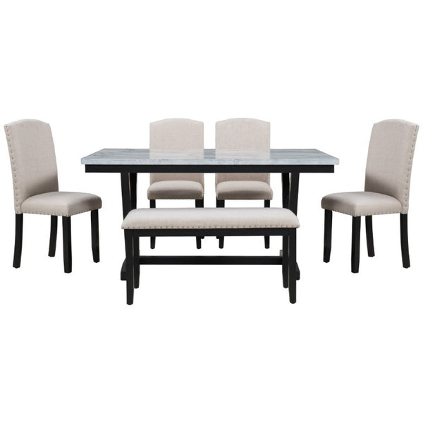 English Elm Trexm Six Seat Marble Veneer Dining Set with High Back Chairs Bench Matte Base ST000057AAK