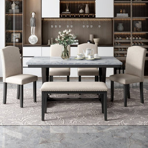 English Elm Trexm Six Seat Marble Veneer Dining Set with High Back Chairs Bench Matte Base ST000057AAK