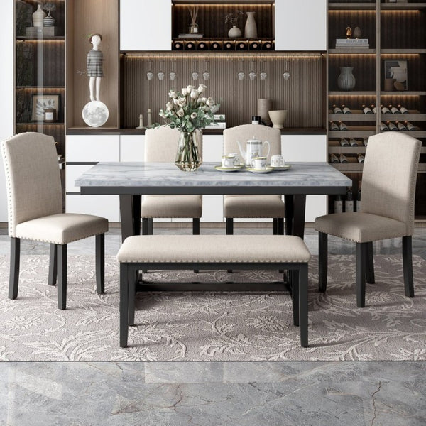 English Elm Trexm Six Seat Marble Veneer Dining Set with High Back Chairs Bench Matte Base ST000057AAK