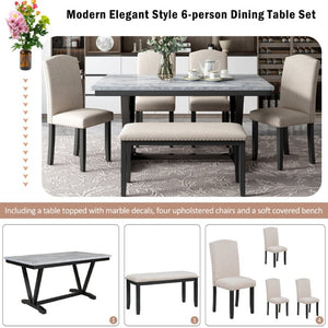English Elm Trexm Six Seat Marble Veneer Dining Set with High Back Chairs Bench Matte Base ST000057AAK