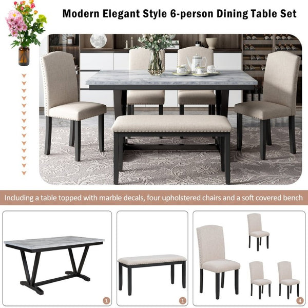 English Elm Trexm Six Seat Marble Veneer Dining Set with High Back Chairs Bench Matte Base ST000057AAK