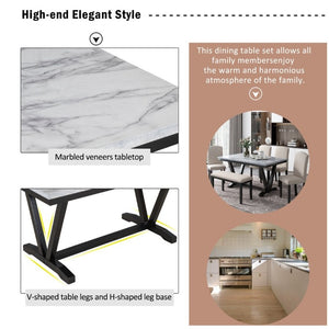 English Elm Trexm Six Seat Marble Veneer Dining Set with High Back Chairs Bench Matte Base ST000057AAK