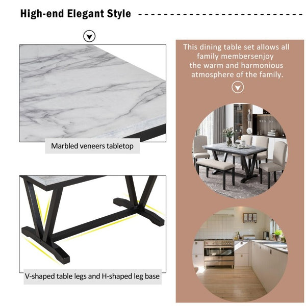 English Elm Trexm Six Seat Marble Veneer Dining Set with High Back Chairs Bench Matte Base ST000057AAK