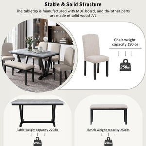 English Elm Trexm Six Seat Marble Veneer Dining Set with High Back Chairs Bench Matte Base ST000057AAK
