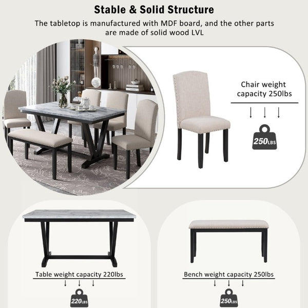 English Elm Trexm Six Seat Marble Veneer Dining Set with High Back Chairs Bench Matte Base ST000057AAK