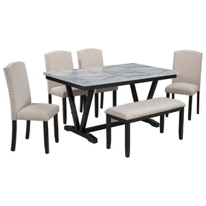 English Elm Trexm Six Seat Marble Veneer Dining Set with High Back Chairs Bench Matte Base ST000057AAK