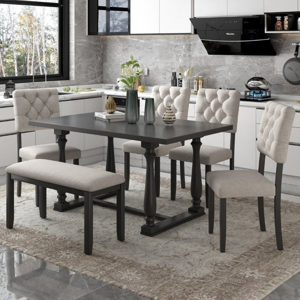 English Elm Trexm 6 Piece Retro Dining Set Pine Veneer Table Burlap Upholstered Chairs and Bench ST000059AAE-2026