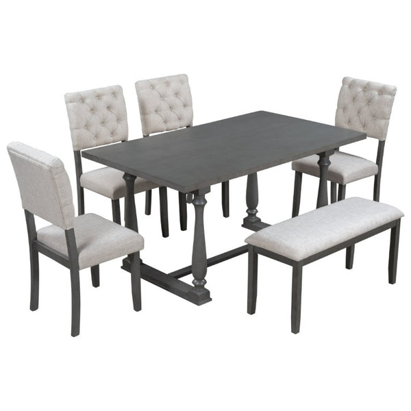 English Elm Trexm 6 Piece Retro Dining Set Pine Veneer Table Burlap Upholstered Chairs and Bench ST000059AAE-2026