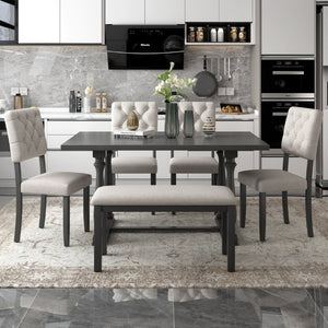 English Elm Trexm 6 Piece Retro Dining Set Pine Veneer Table Burlap Upholstered Chairs and Bench ST000059AAE-2026
