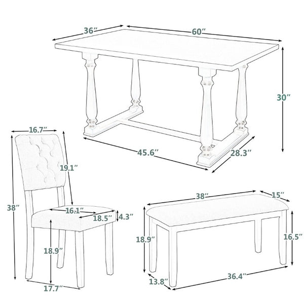English Elm Trexm 6 Piece Retro Dining Set Pine Veneer Table Burlap Upholstered Chairs and Bench ST000059AAE-2026