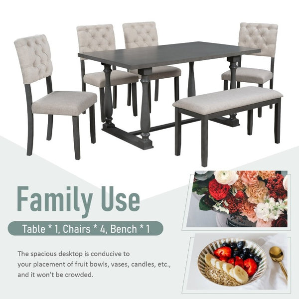 English Elm Trexm 6 Piece Retro Dining Set Pine Veneer Table Burlap Upholstered Chairs and Bench ST000059AAE-2026