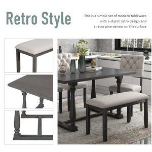 English Elm Trexm 6 Piece Retro Dining Set Pine Veneer Table Burlap Upholstered Chairs and Bench ST000059AAE-2026