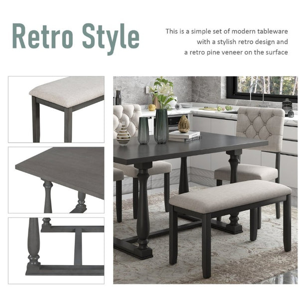 English Elm Trexm 6 Piece Retro Dining Set Pine Veneer Table Burlap Upholstered Chairs and Bench ST000059AAE-2026