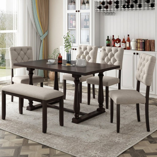 English Elm Trexm 6 Piece Espresso Pine Veneer Dining Set with Tufted Burlap Upholstered Seating ST000059AAP-2026